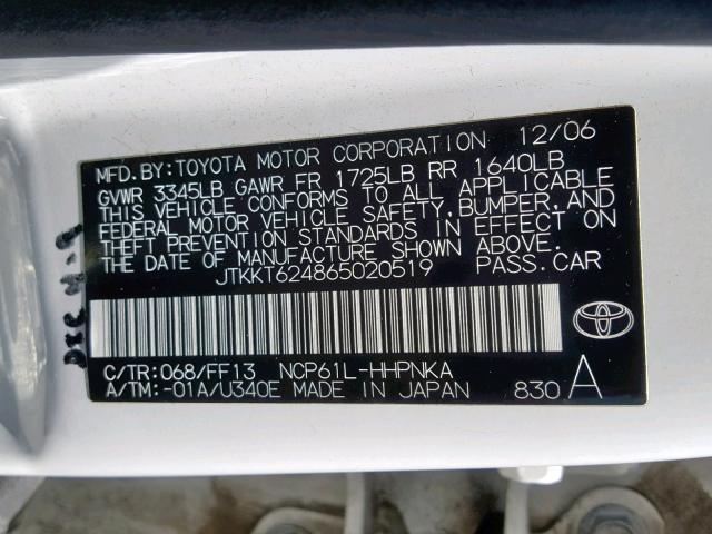 JTKKT624865020519 - 2006 TOYOTA SCION XA WHITE photo 10