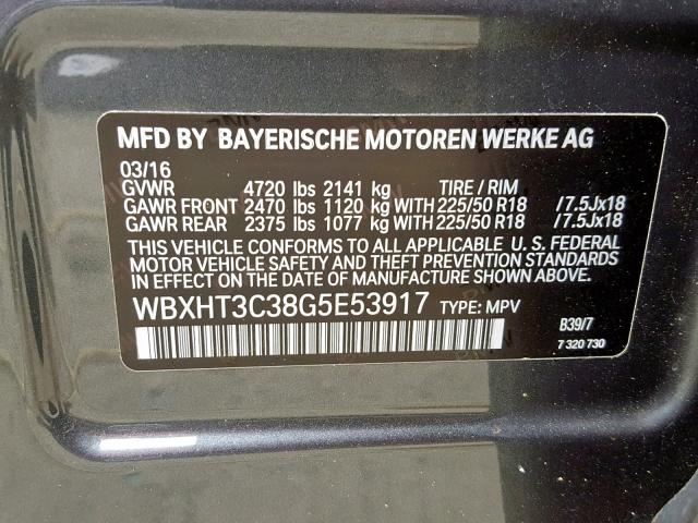 WBXHT3C38G5E53917 - 2016 BMW X1 XDRIVE2 CHARCOAL photo 10