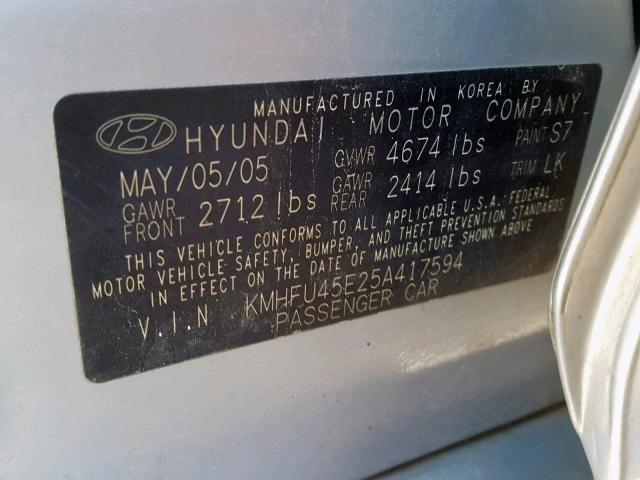 KMHFU45E25A417594 - 2005 HYUNDAI XG 350 SILVER photo 10