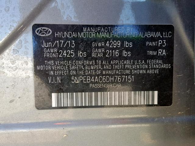 5NPEB4AC6DH767151 - 2013 HYUNDAI SONATA GLS GRAY photo 10