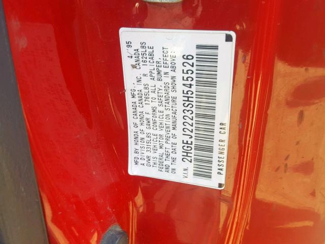 2HGEJ2223SH545526 - 1995 HONDA CIVIC DX RED photo 10