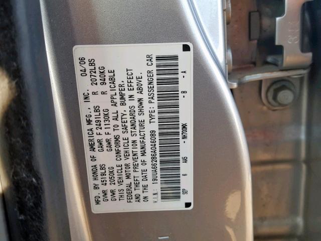 19UUA66286A046089 - 2006 ACURA 3.2TL SILVER photo 10