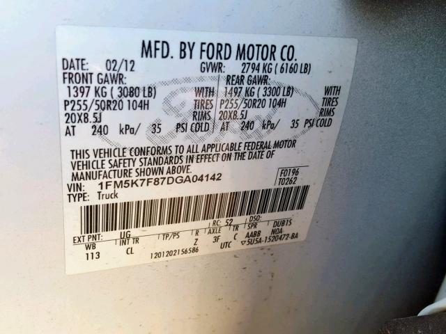 1FM5K7F87DGA04142 - 2013 FORD EXPLORER L WHITE photo 10