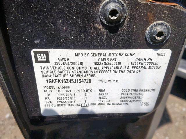 1GKFK16Z45J154720 - 2005 GMC YUKON XL K CHARCOAL photo 10