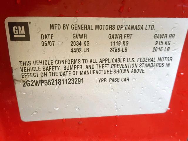 2G2WP552181123291 - 2008 PONTIAC GRAND PRIX RED photo 10