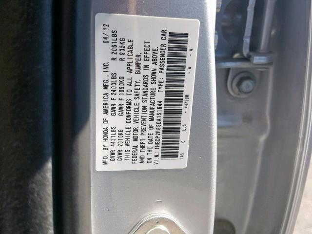 1HGCP2F85CA151644 - 2012 HONDA ACCORD EXL SILVER photo 10