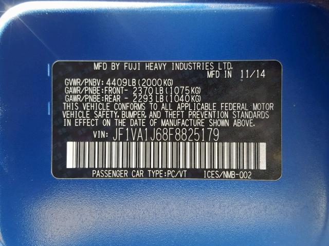 JF1VA1J68F8825179 - 2015 SUBARU WRX LIMITE BLUE photo 10