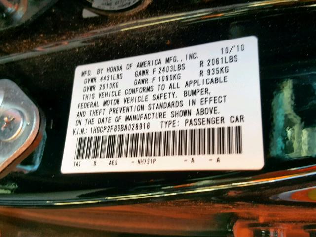 1HGCP2F86BA028918 - 2011 HONDA ACCORD EXL BLACK photo 10