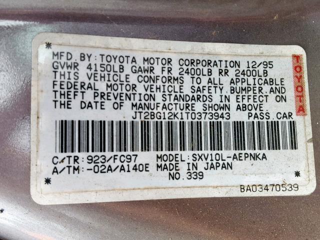 JT2BG12K1T0373943 - 1996 TOYOTA CAMRY DX GRAY photo 10