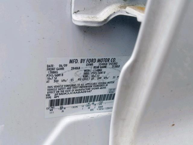 2FMDK3JC5ABA09147 - 2010 FORD EDGE SEL WHITE photo 10