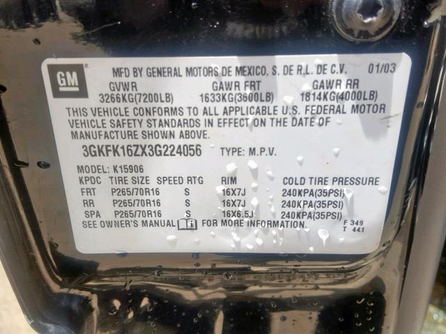 3GKFK16ZX3G224056 - 2003 GMC YUKON XL K BLACK photo 10