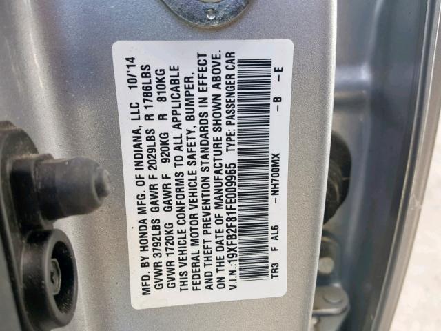 19XFB2F81FE009965 - 2015 HONDA CIVIC EX SILVER photo 10