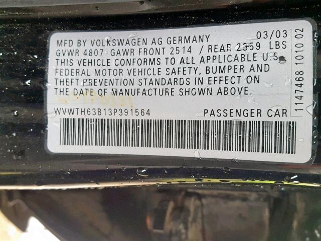 WVWTH63B13P391564 - 2003 VOLKSWAGEN PASSAT GLX 黑色 照片 10