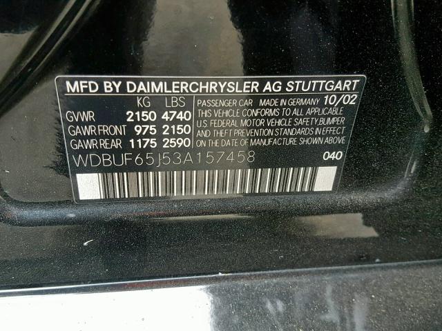 WDBUF65J53A157458 - 2003 MERCEDES-BENZ E 320 BLACK photo 10