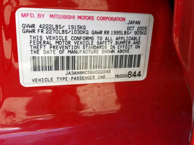 JA3AH86C56U022248 - 2006 MITSUBISHI LANCER EVO RED photo 10