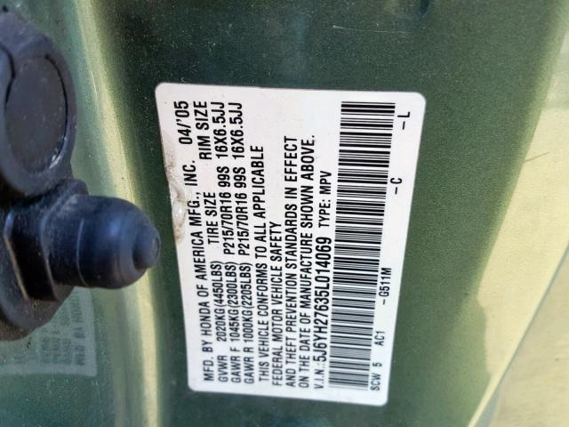 5J6YH27635L014069 - 2005 HONDA ELEMENT EX GREEN photo 10