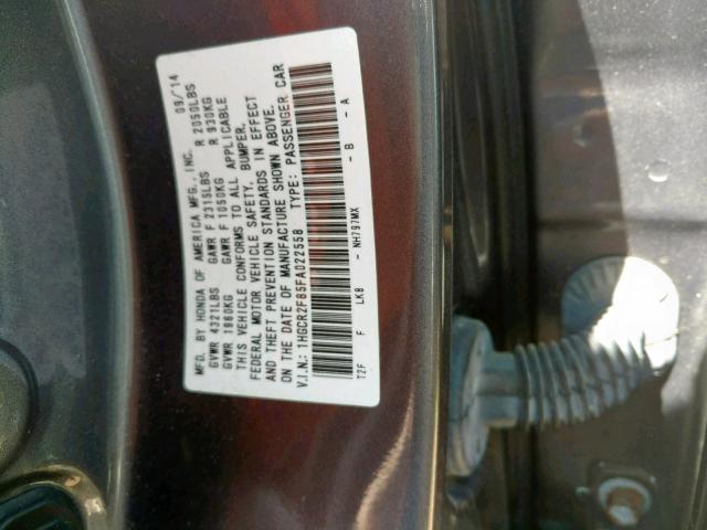 1HGCR2F85FA022558 - 2015 HONDA ACCORD EXL CHARCOAL photo 10