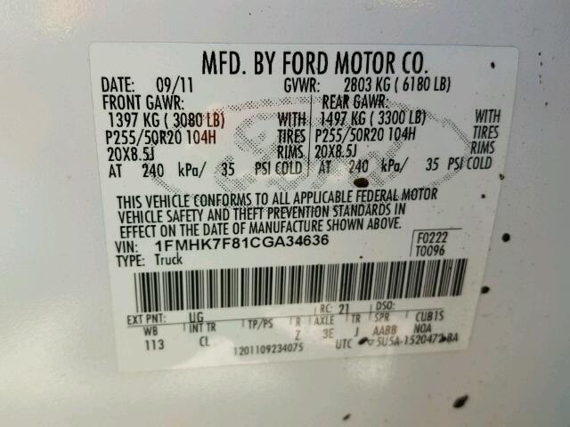 1FMHK7F81CGA34636 - 2012 FORD EXPLORER L WHITE photo 10