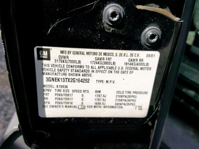 3GNEK13TX2G164292 - 2002 CHEVROLET AVALANCHE BLACK photo 10