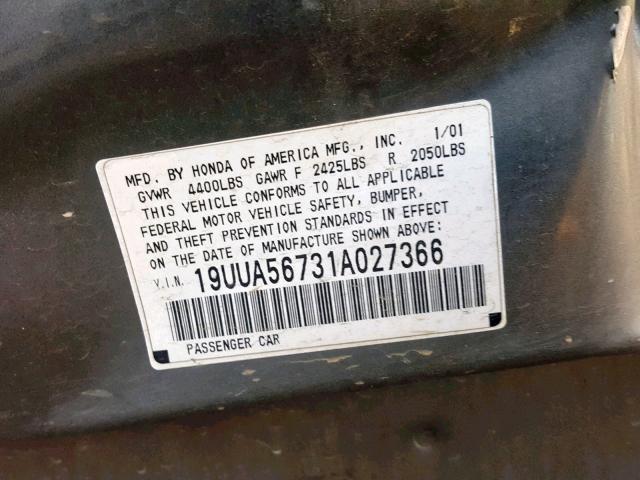 19UUA56731A027366 - 2001 ACURA 3.2TL GRAY photo 10