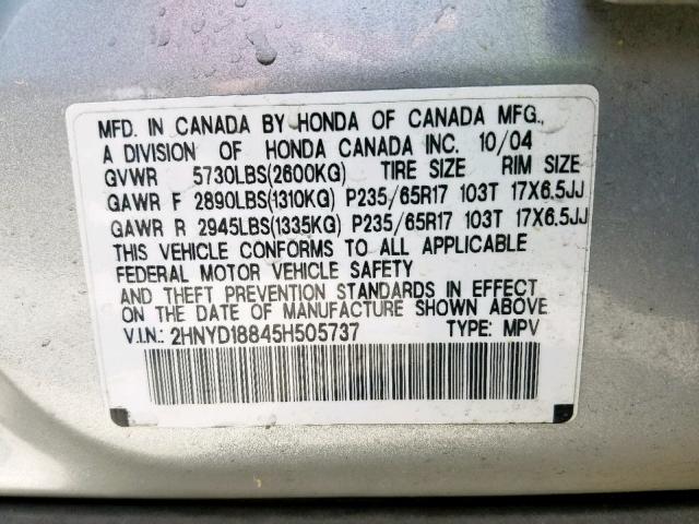 2HNYD18845H505737 - 2005 ACURA MDX TOURIN SILVER photo 10