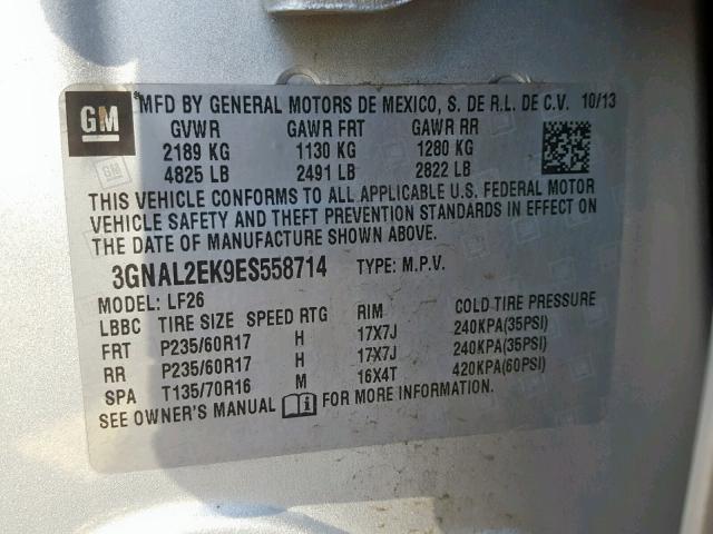 3GNAL2EK9ES558714 - 2014 CHEVROLET CAPTIVA LS 银色 照片 10