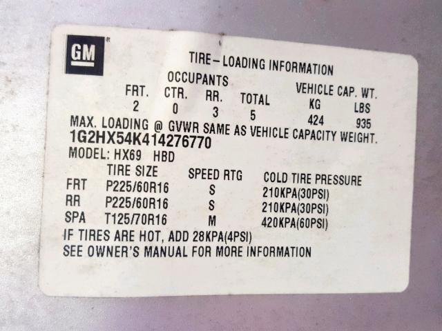 1G2HX54K414276770 - 2001 PONTIAC BONNEVILLE SILVER photo 10