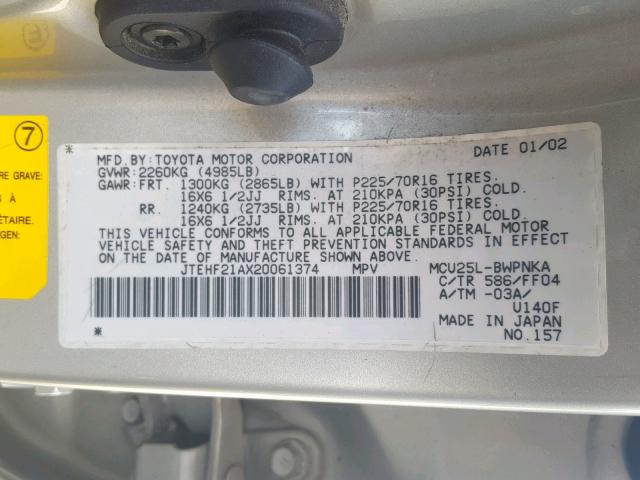 JTEHF21AX20061374 - 2002 TOYOTA HIGHLANDER SILVER photo 10