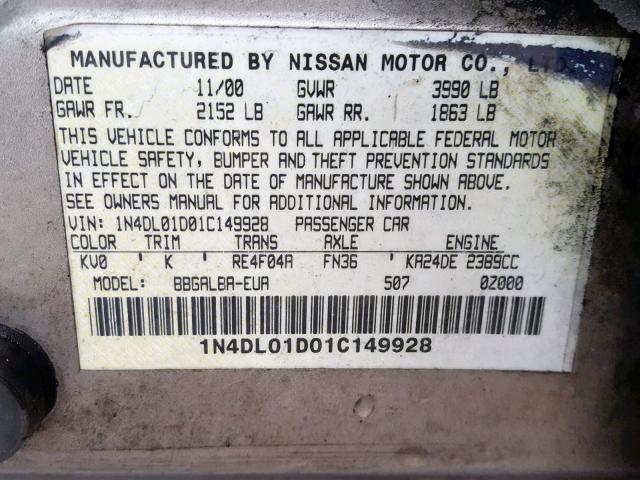 1N4DL01D01C149928 - 2001 NISSAN ALTIMA XE SILVER photo 10