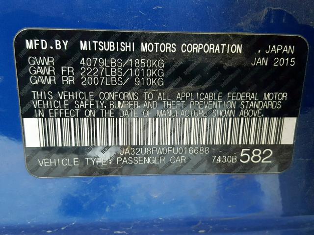 JA32U8FW0FU016688 - 2015 MITSUBISHI LANCER GT BLUE photo 10