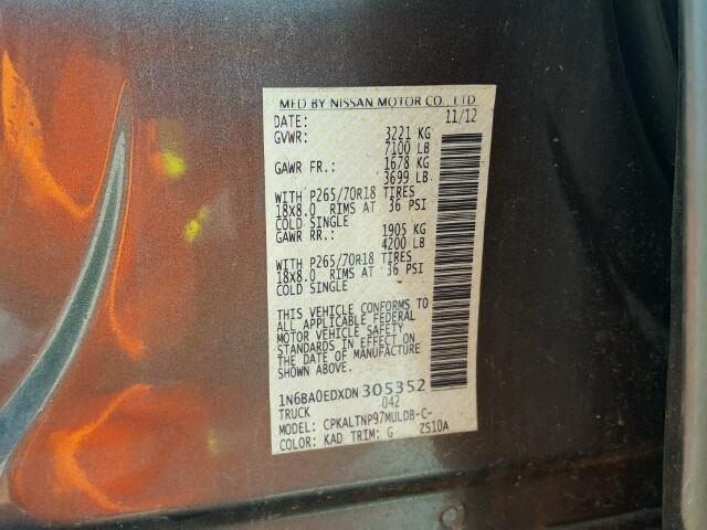 1N6BA0EDXDN305352 - 2013 NISSAN TITAN S GRAY photo 10