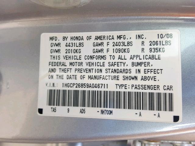 1HGCP26859A046711 - 2009 HONDA ACCORD EXL SILVER photo 10