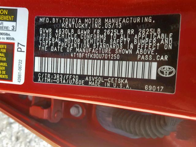 4T1BF1FK9DU701250 - 2013 TOYOTA CAMRY L RED photo 10