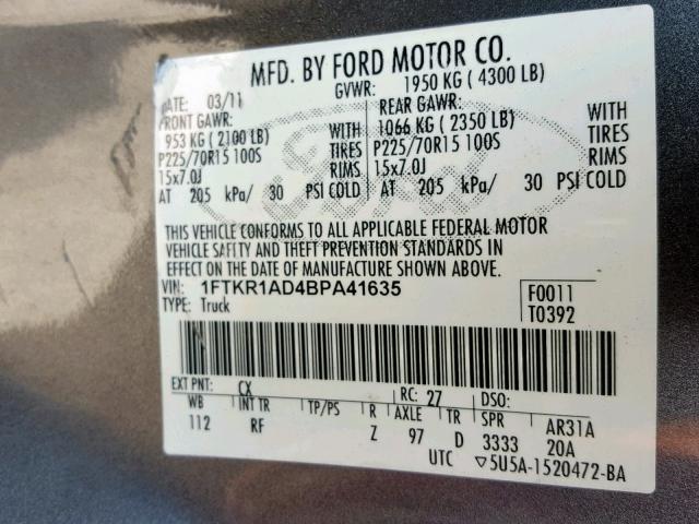 1FTKR1AD4BPA41635 - 2011 FORD RANGER GRAY photo 10