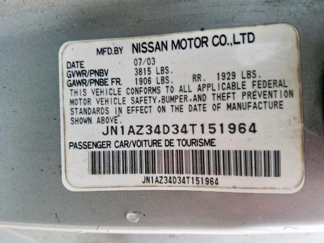 JN1AZ34D34T151964 - 2004 NISSAN 350Z COUPE SILVER photo 10