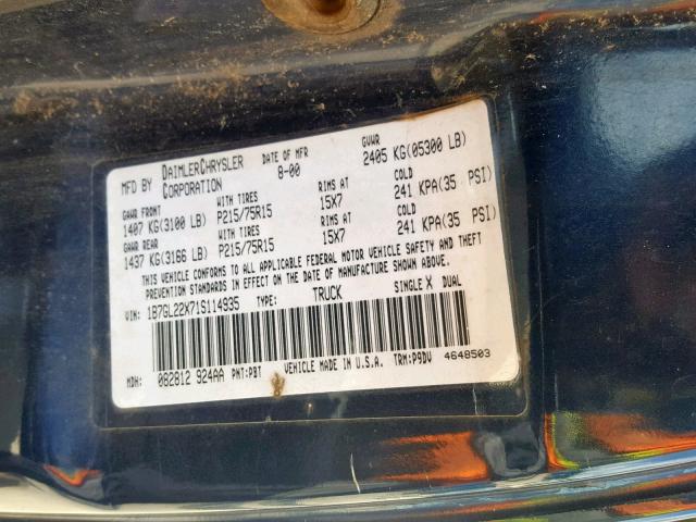 1B7GL22X71S114935 - 2001 DODGE DAKOTA TWO TONE photo 10