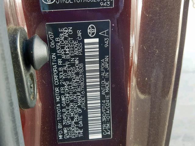 JTKDE167X80237838 - 2008 TOYOTA SCION TC MAROON photo 10