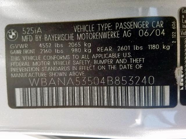 WBANA53504B853240 - 2004 BMW 525 I SILVER photo 10