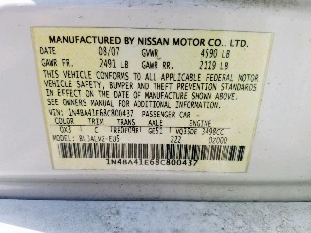 1N4BA41E68C800437 - 2008 NISSAN MAXIMA SE WHITE photo 10