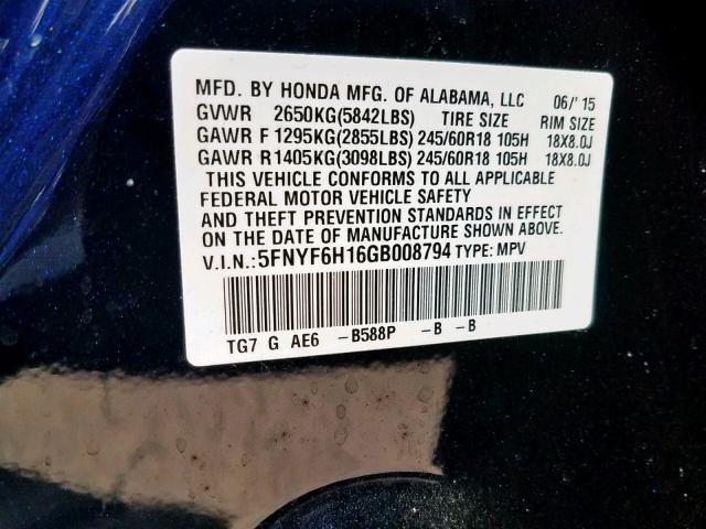 5FNYF6H16GB008794 - 2016 HONDA PILOT LX BLUE photo 10