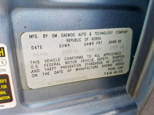 KL1TD56666B672482 - 2006 CHEVROLET AVEO BASE Mavi foto 10