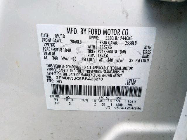 2FMDK3JC6BBA23270 - 2011 FORD EDGE SEL WHITE photo 10