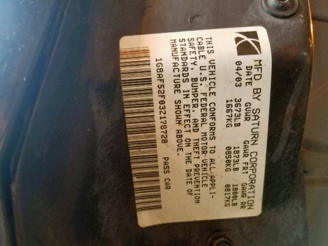 1G8AF52F03Z178728 - 2003 SATURN ION LEVEL BLACK photo 10