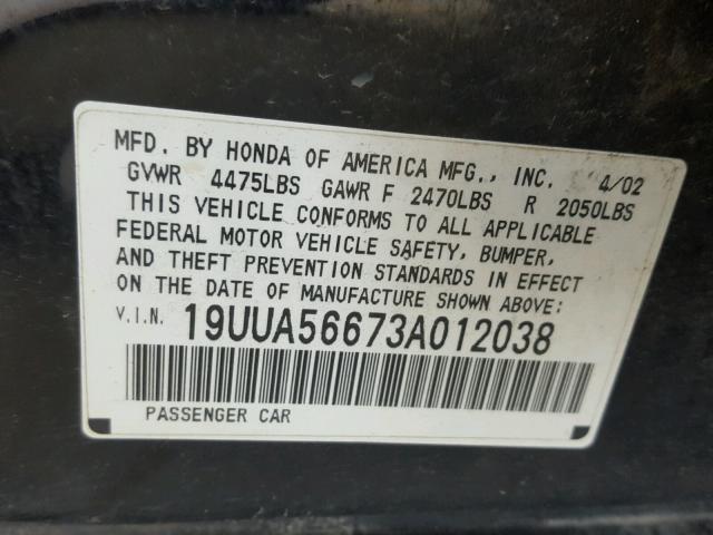 19UUA56673A012038 - 2003 ACURA 3.2TL BLACK photo 10