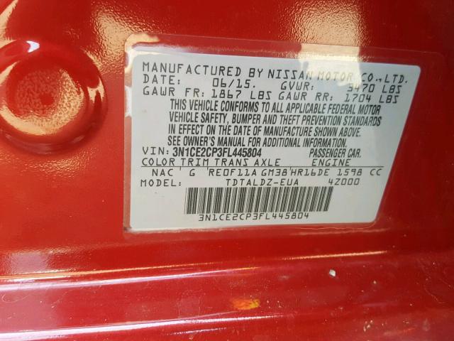 3N1CE2CP3FL445804 - 2015 NISSAN VERSA NOTE RED photo 10