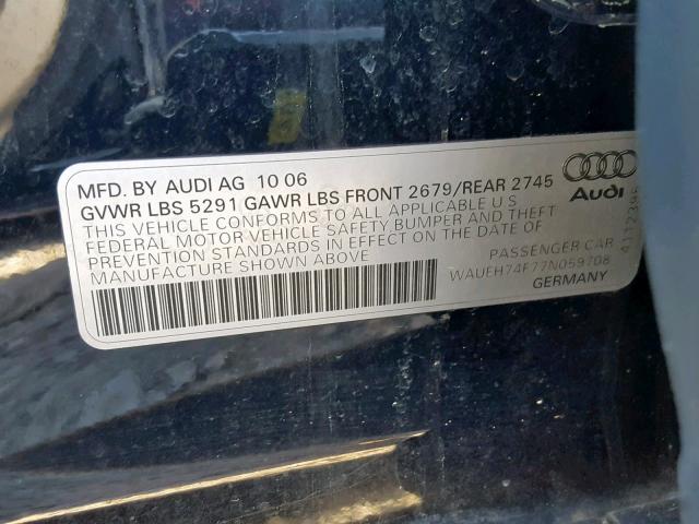 WAUEH74F77N059708 - 2007 AUDI A6 S-LINE BLACK photo 10