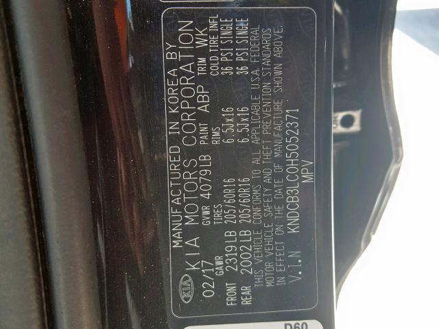 KNDCB3LC0H5052371 - 2017 KIA NIRO FE BLACK photo 10