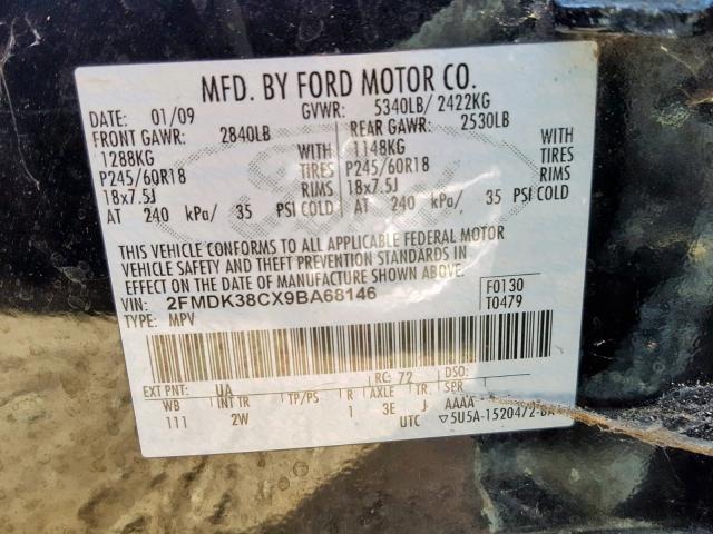 2FMDK38CX9BA68146 - 2009 FORD EDGE SEL BLACK photo 10