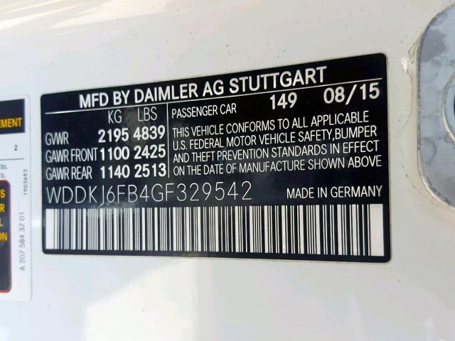 WDDKJ6FB4GF329542 - 2016 MERCEDES-BENZ E 400 WHITE photo 10