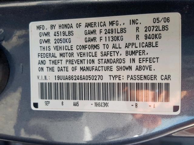 19UUA66246A050270 - 2006 ACURA 3.2TL GRAY photo 10